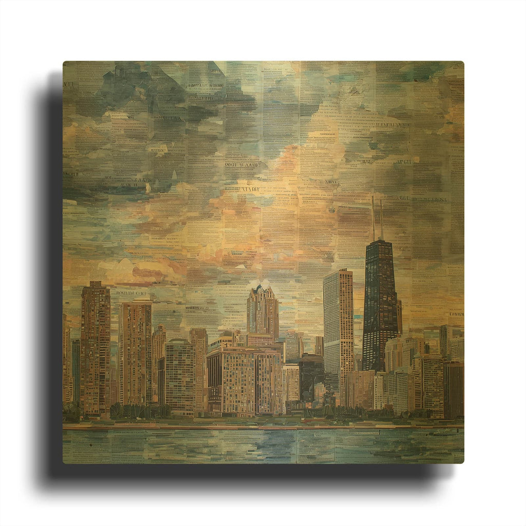 'Newspaper Collage Chicago 4' By Ann Klee Gold Metal Wall Art
