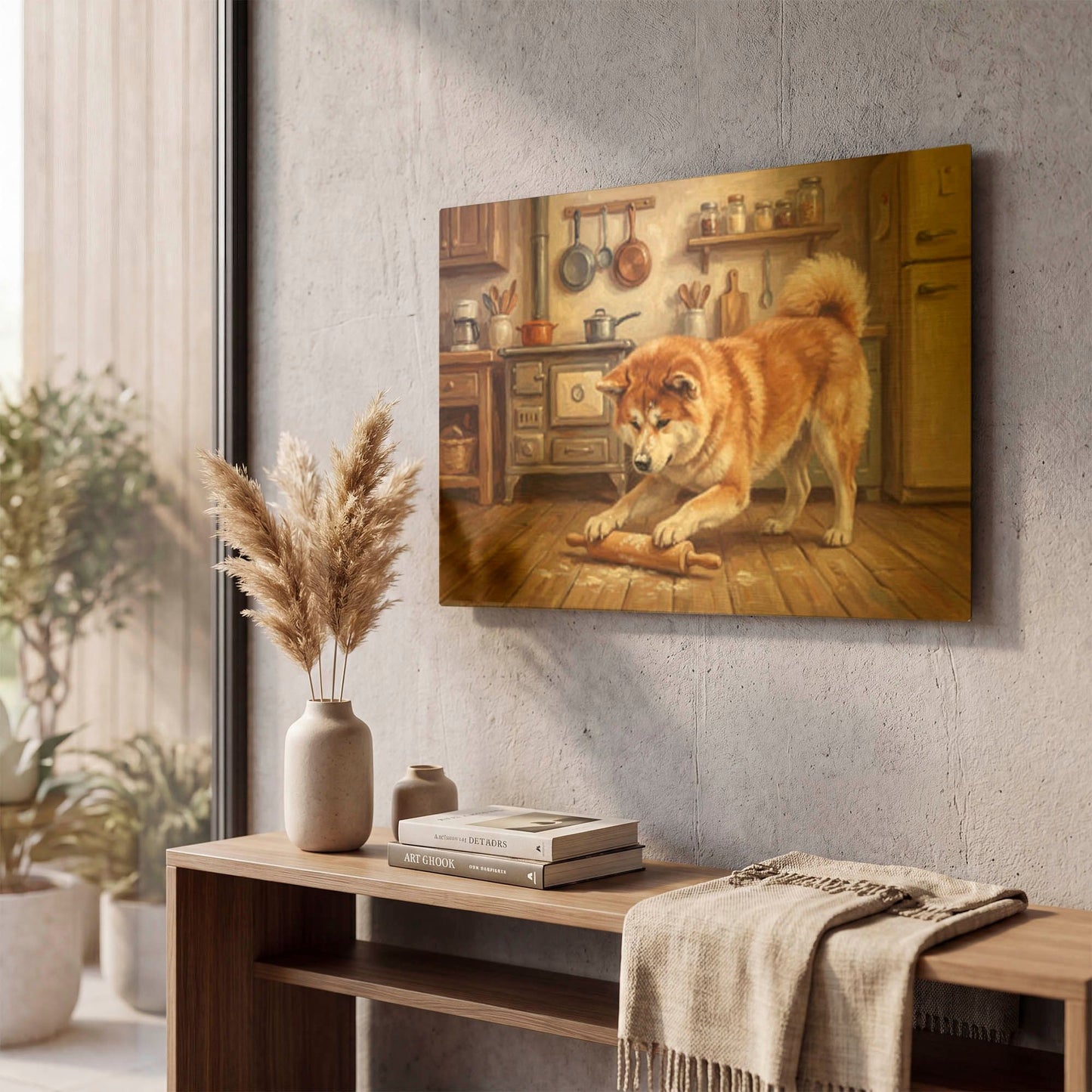 'Akita In The Kitchen' By Rich Monet Gold Metal Wall Art