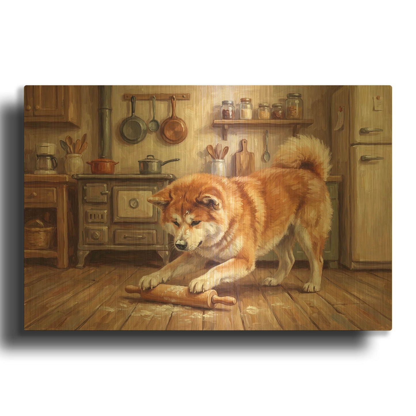 'Akita In The Kitchen' By Rich Monet Gold Metal Wall Art