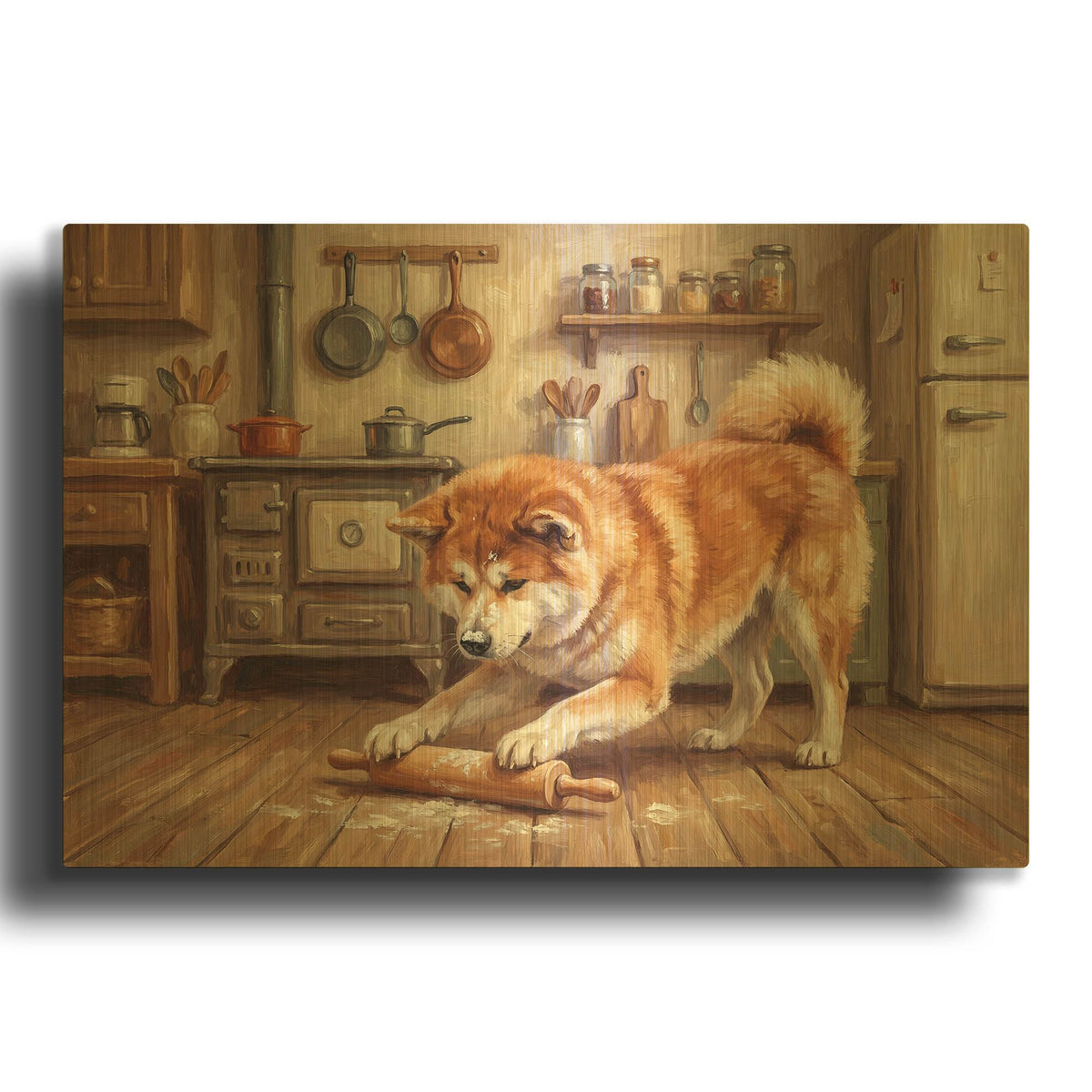'Akita In The Kitchen' By Rich Monet Gold Metal Wall Art