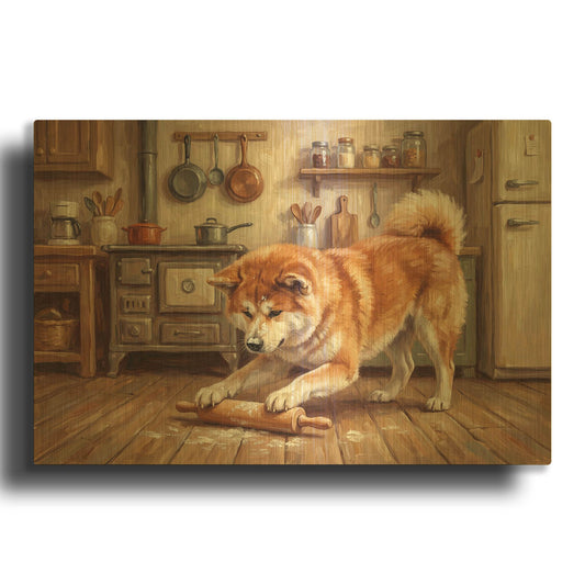 'Akita In The Kitchen' By Rich Monet Gold Metal Wall Art