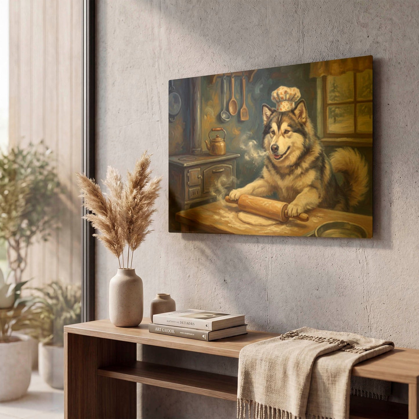 'Alaskan Malamute In The Kitchen' By Rich Monet Gold Metal Wall Art
