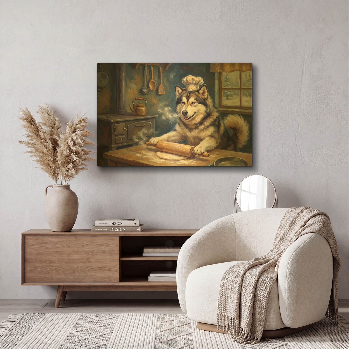 'Alaskan Malamute In The Kitchen' By Rich Monet Gold Metal Wall Art