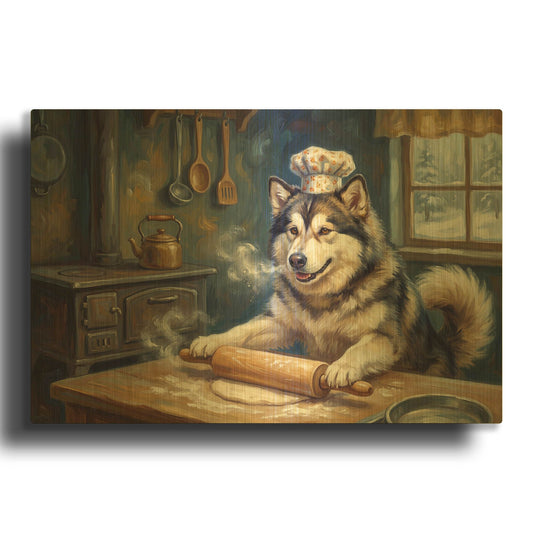 'Alaskan Malamute In The Kitchen' By Rich Monet Gold Metal Wall Art
