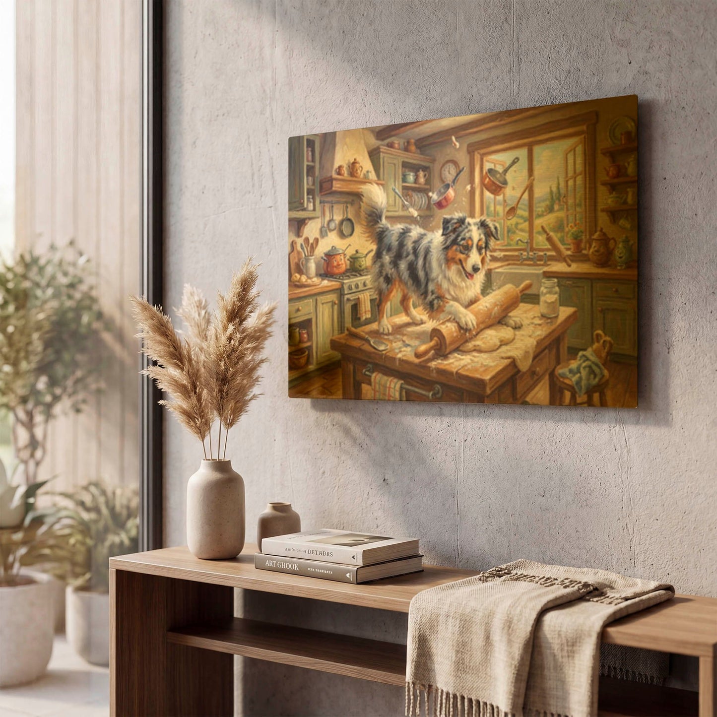 'Australian Shepherd In The Kitchen' By Rich Monet Gold Metal Wall Art