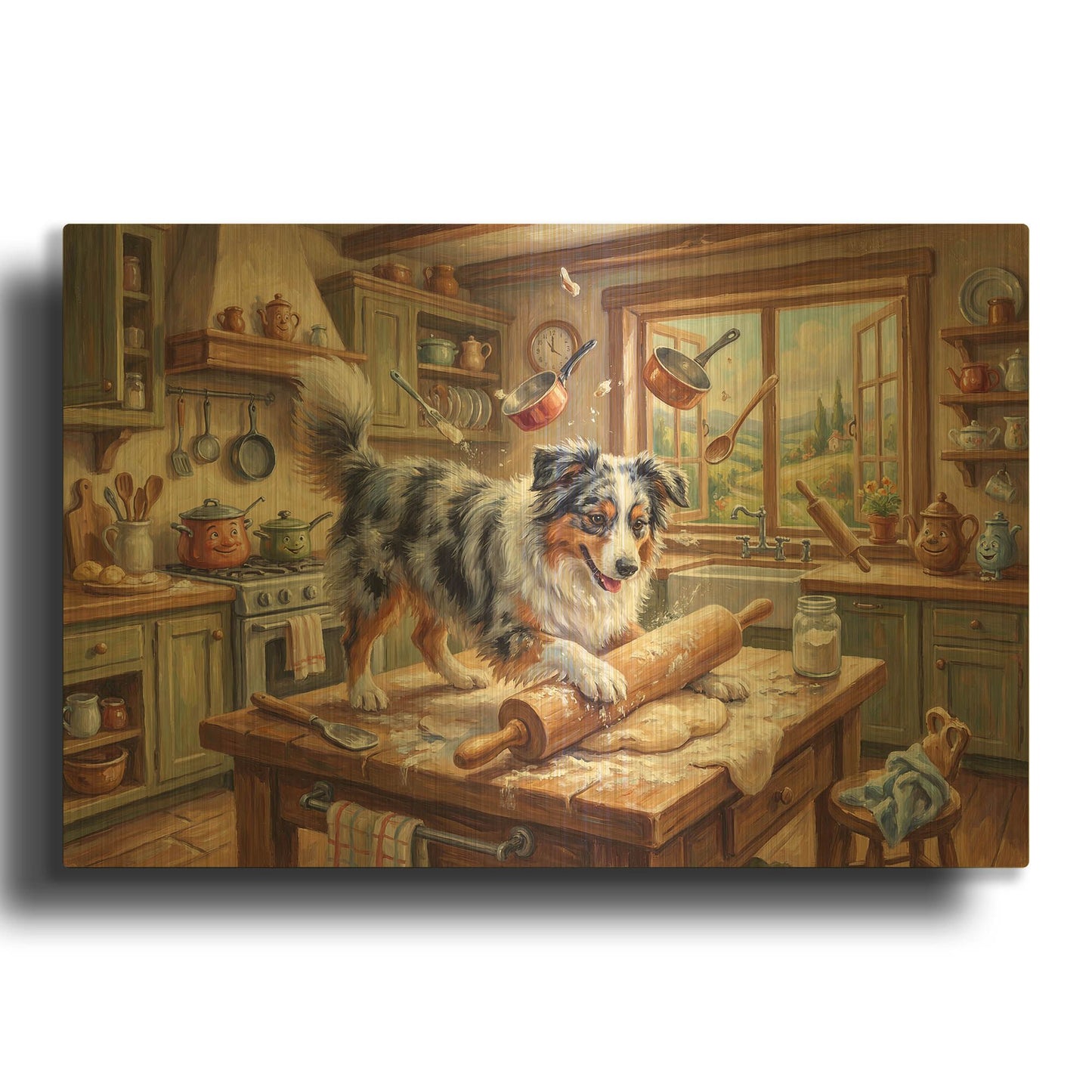'Australian Shepherd In The Kitchen' By Rich Monet Gold Metal Wall Art