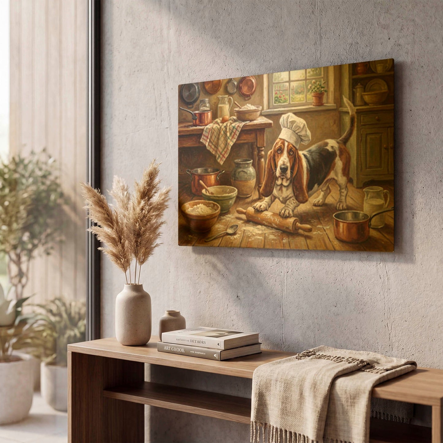 'Basset Hound In The Kitchen' By Rich Monet Gold Metal Wall Art