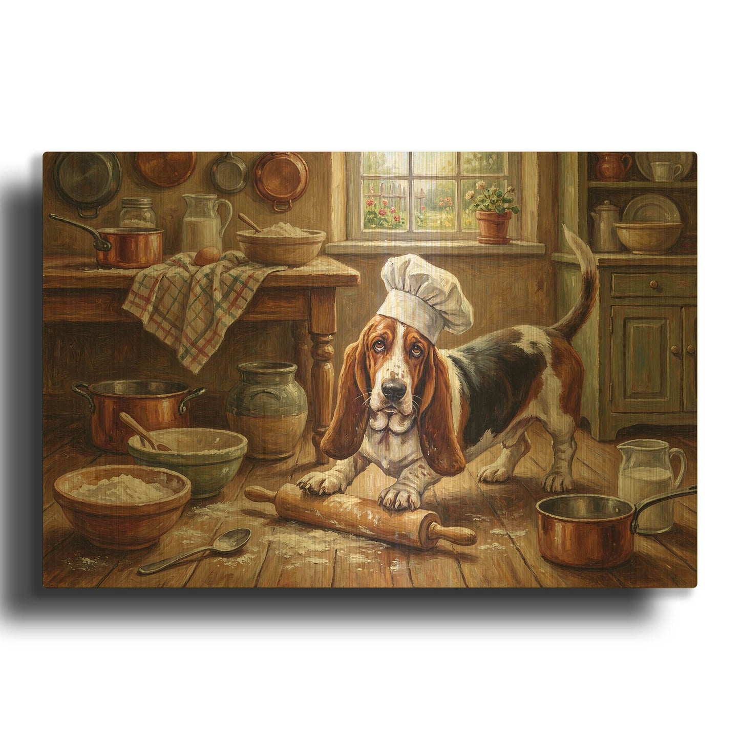 'Basset Hound In The Kitchen' By Rich Monet Gold Metal Wall Art