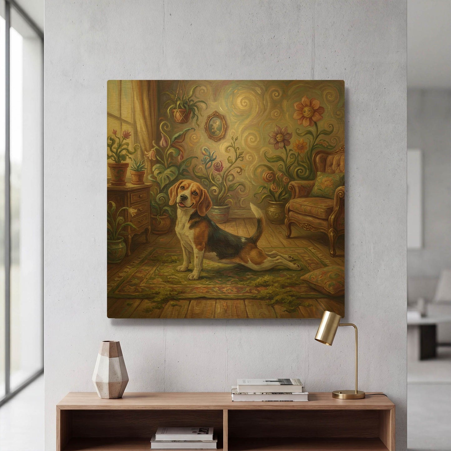 'Beagle Yoga Cobra' By Rich Monet Gold Metal Wall Art