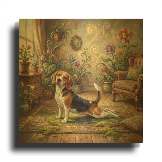 'Beagle Yoga Cobra' By Rich Monet Gold Metal Wall Art
