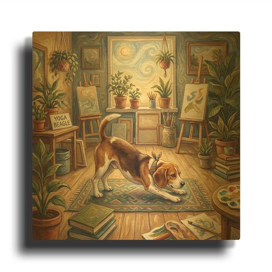 'Beagle Yoga Downward Dog' By Rich Monet Gold Metal Wall Art