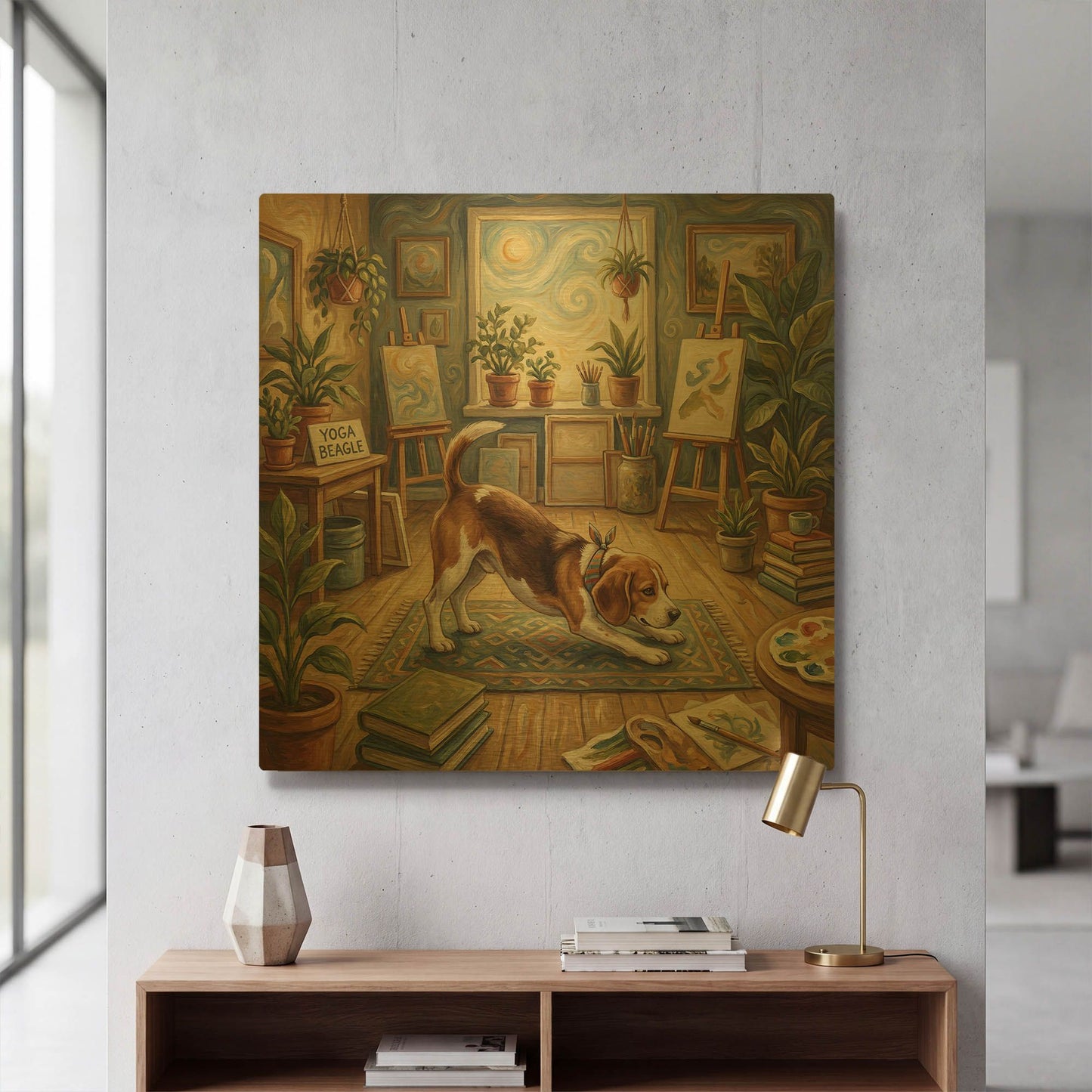 'Beagle Yoga Downward Dog' By Rich Monet Gold Metal Wall Art