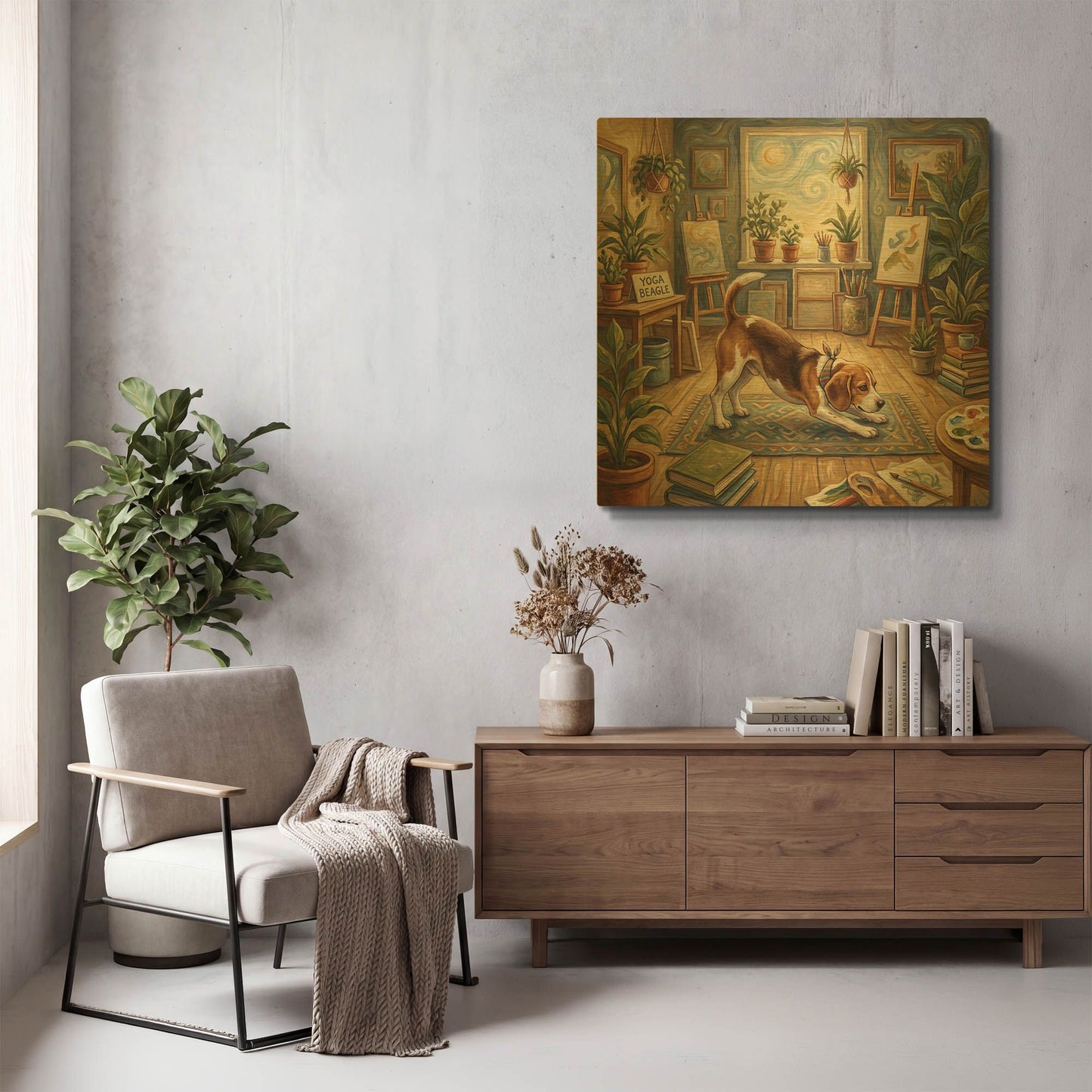 'Beagle Yoga Downward Dog' By Rich Monet Gold Metal Wall Art
