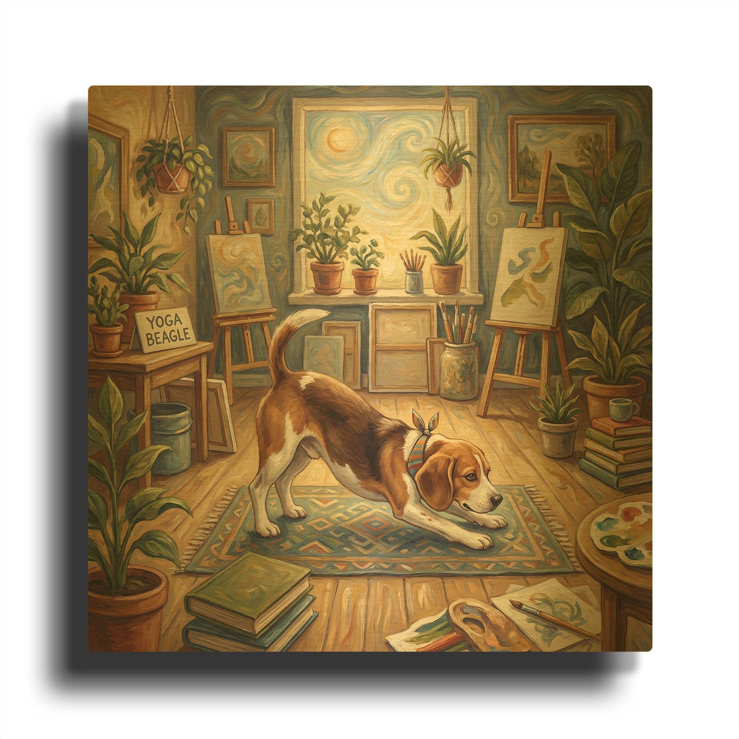 'Beagle Yoga Downward Dog' By Rich Monet Gold Metal Wall Art