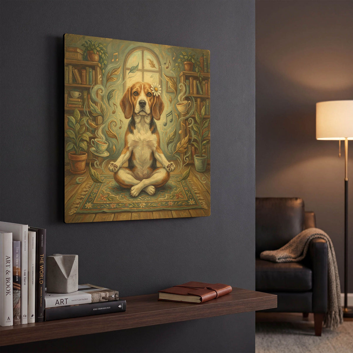 'Beagle Yoga Lotus' By Rich Monet Gold Metal Wall Art