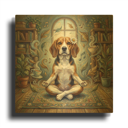 'Beagle Yoga Lotus' By Rich Monet Gold Metal Wall Art