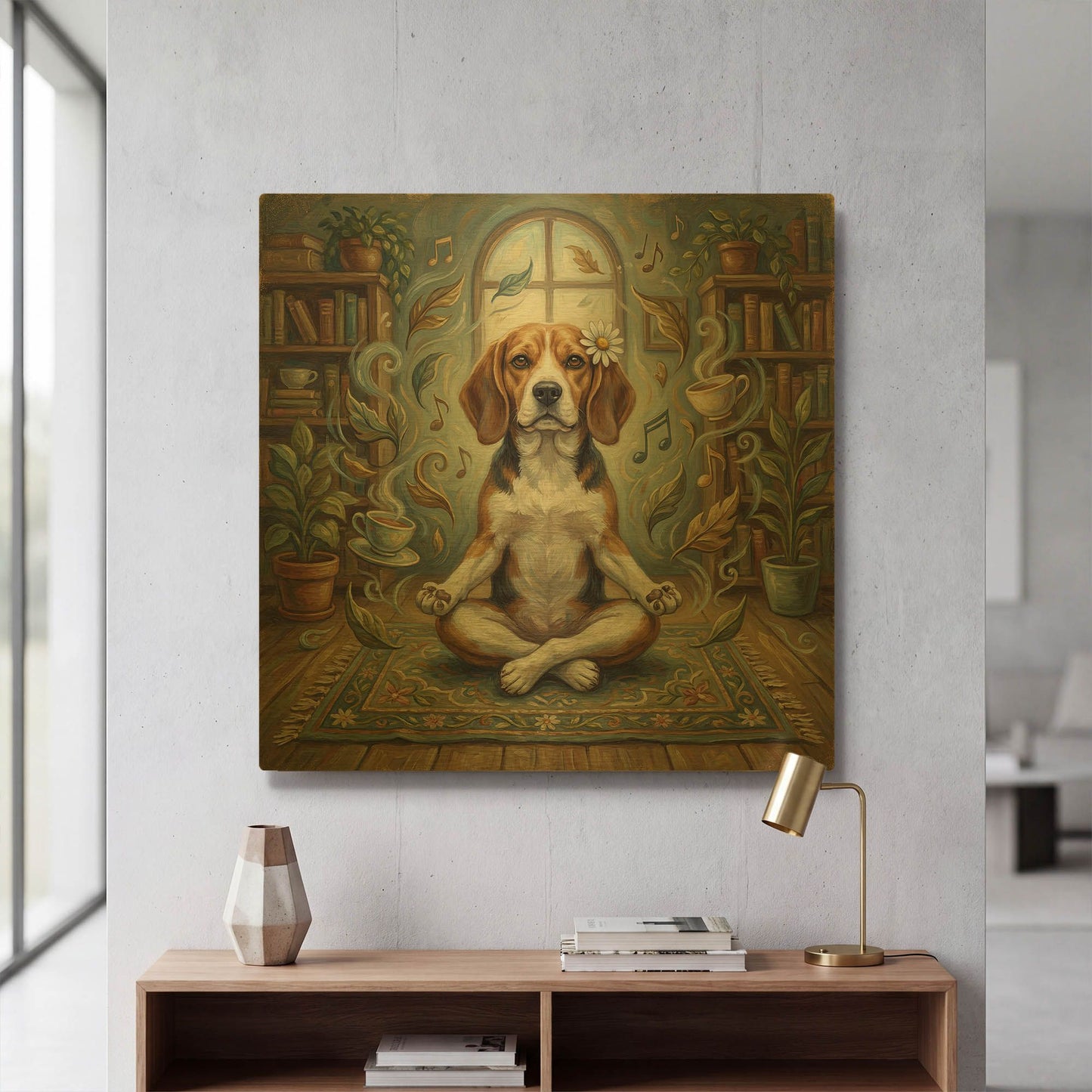 'Beagle Yoga Lotus' By Rich Monet Gold Metal Wall Art