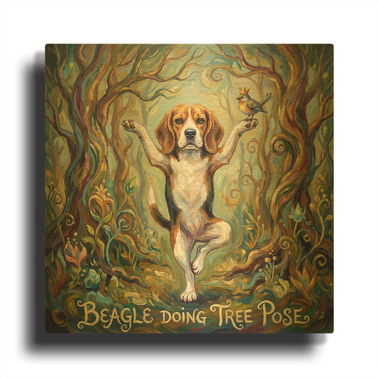 'Beagle Yoga Tree Pose' By Rich Monet Gold Metal Wall Art