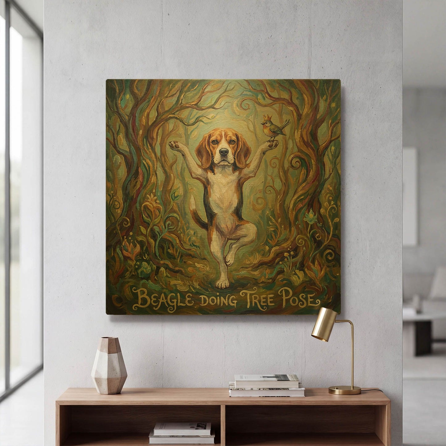 'Beagle Yoga Tree Pose' By Rich Monet Gold Metal Wall Art