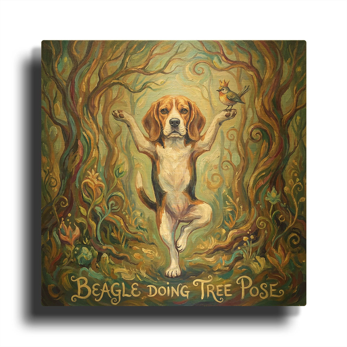 'Beagle Yoga Tree Pose' By Rich Monet Gold Metal Wall Art