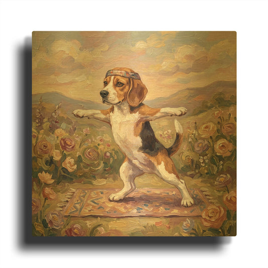 'Beagle Yoga Warrior Pose' By Rich Monet Gold Metal Wall Art