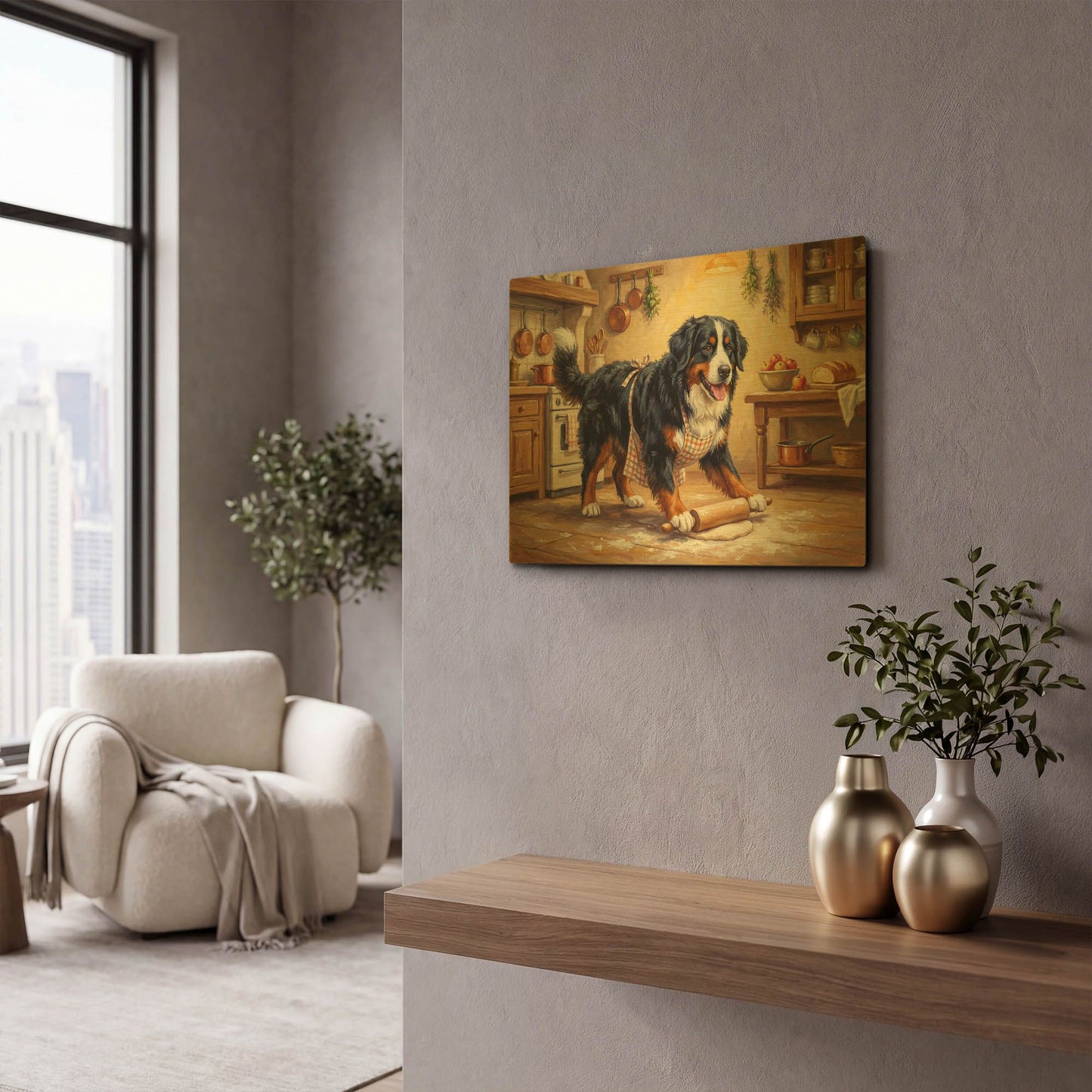 'Bernes Mountain Dog In The Kitchen' By Rich Monet Gold Metal Wall Art