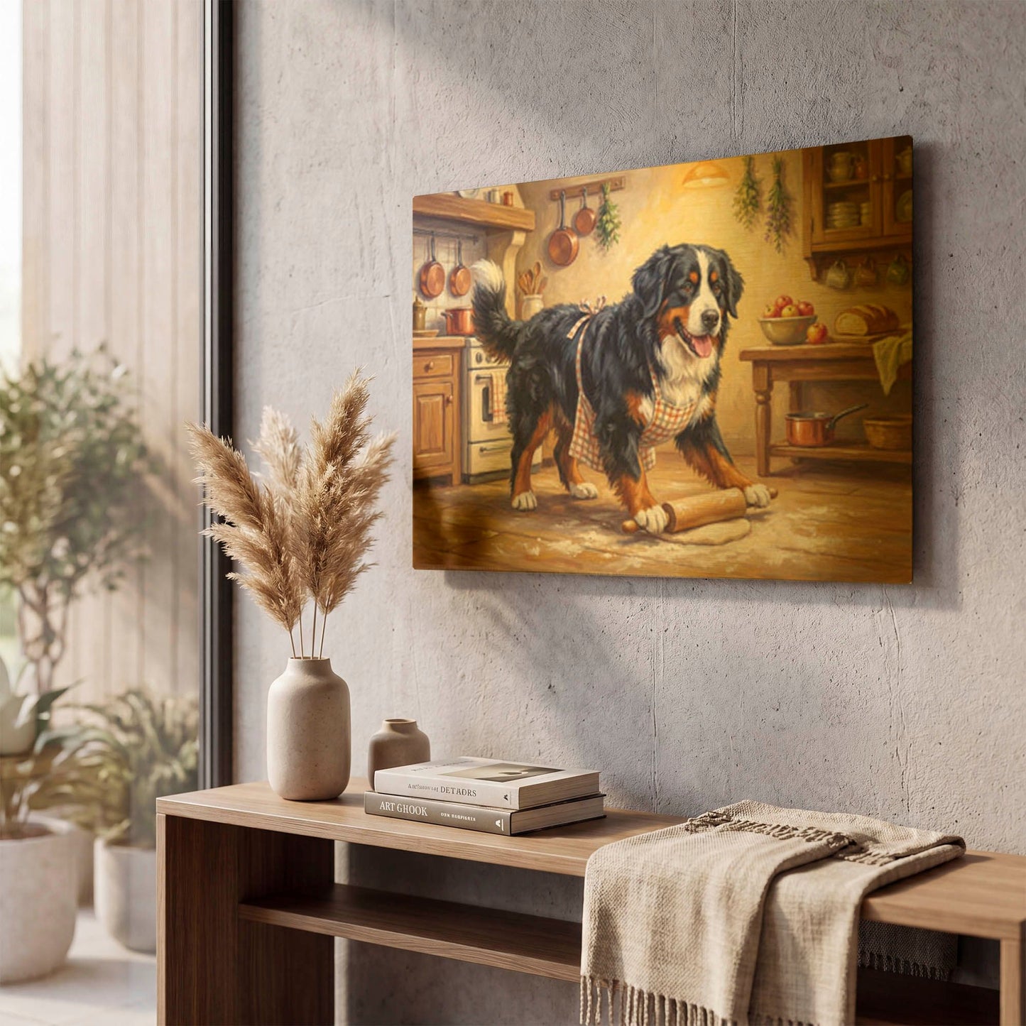 'Bernes Mountain Dog In The Kitchen' By Rich Monet Gold Metal Wall Art