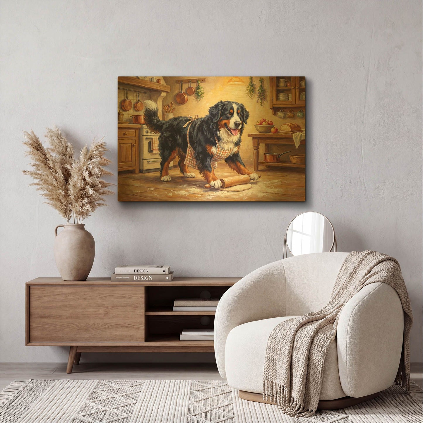 'Bernes Mountain Dog In The Kitchen' By Rich Monet Gold Metal Wall Art