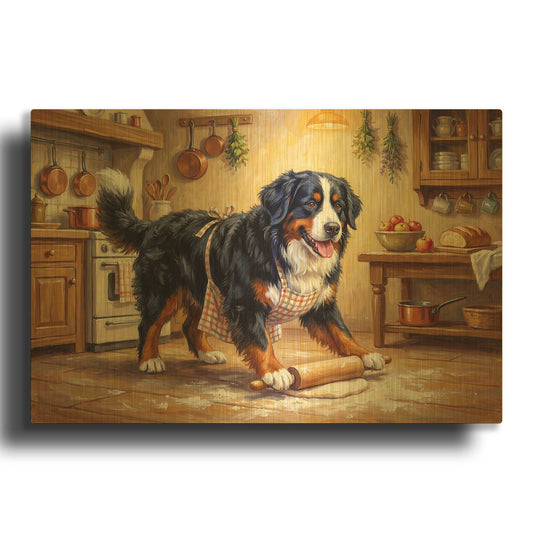 'Bernes Mountain Dog In The Kitchen' By Rich Monet Gold Metal Wall Art