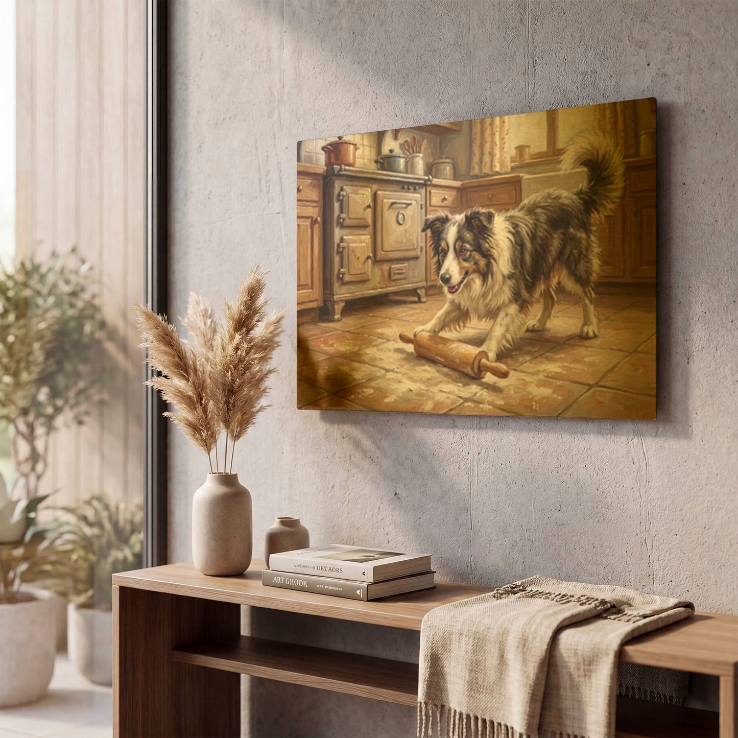 'Border Collie In The Kitchen' By Rich Monet Gold Metal Wall Art
