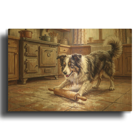 'Border Collie In The Kitchen' By Rich Monet Gold Metal Wall Art