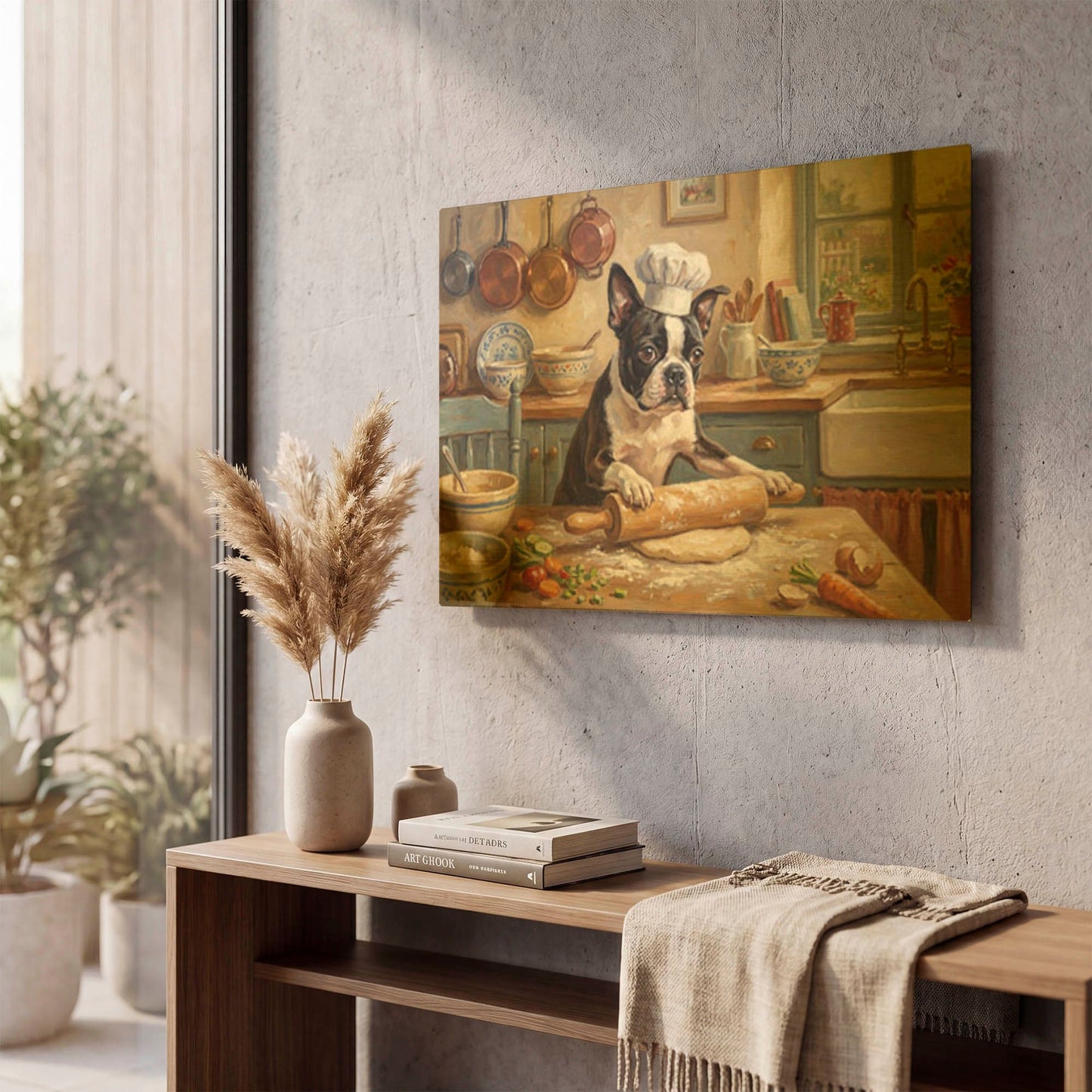'Boston Terrier In The Kitchen' By Rich Monet Gold Metal Wall Art