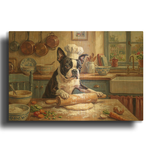 'Boston Terrier In The Kitchen' By Rich Monet Gold Metal Wall Art