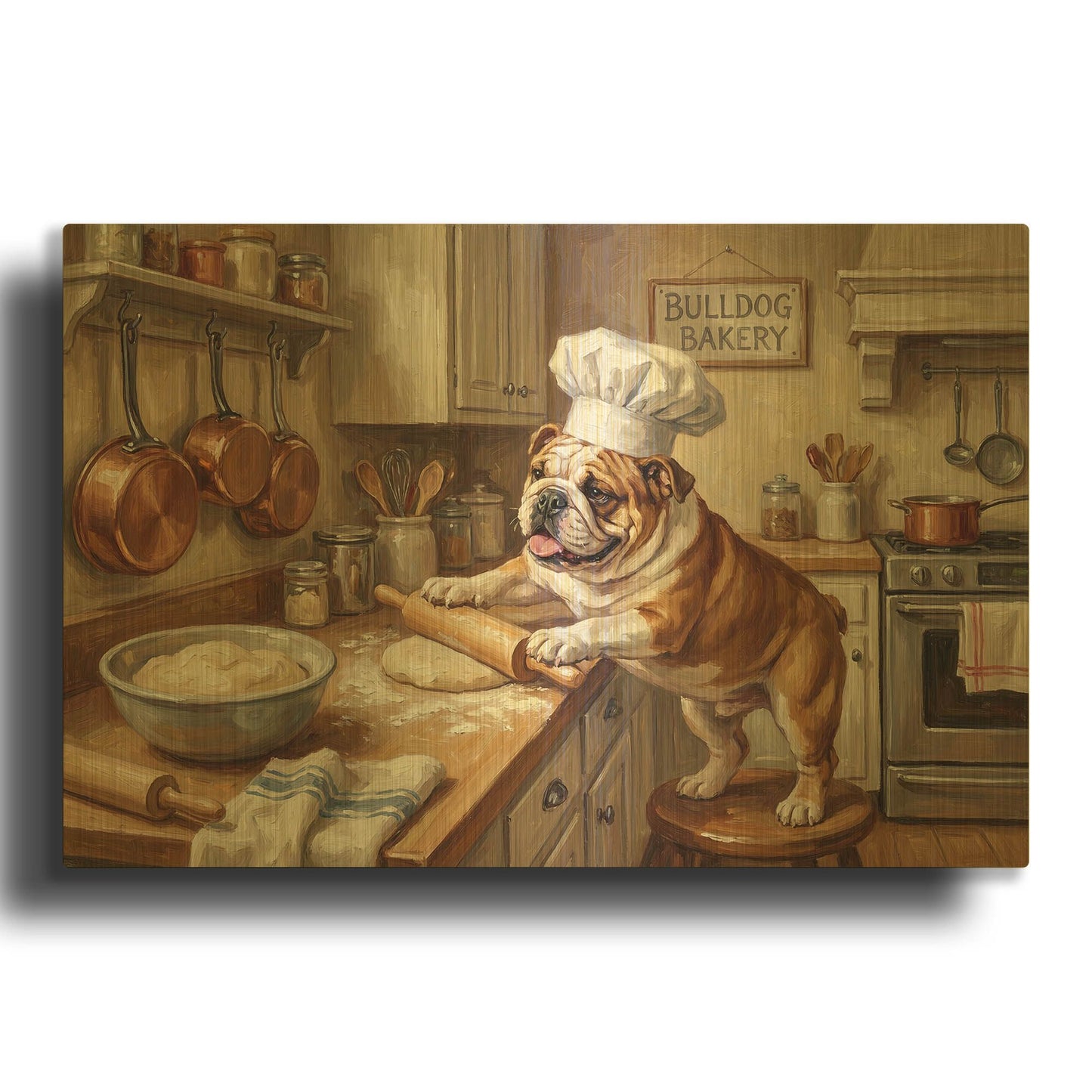 'Bulldog In The Kitchen' By Rich Monet Gold Metal Wall Art