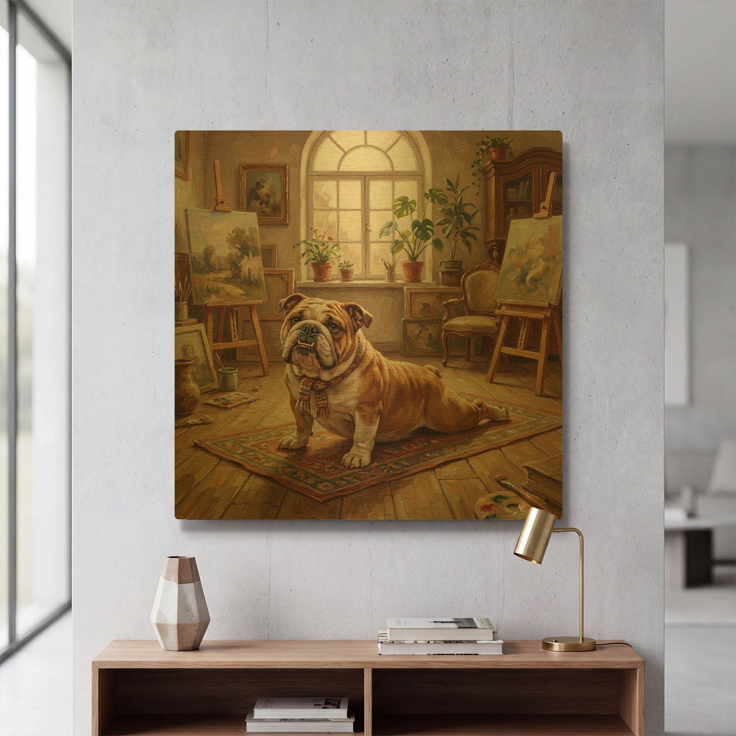 'Bulldog Yoga Cobra Pose' By Rich Monet Gold Metal Wall Art