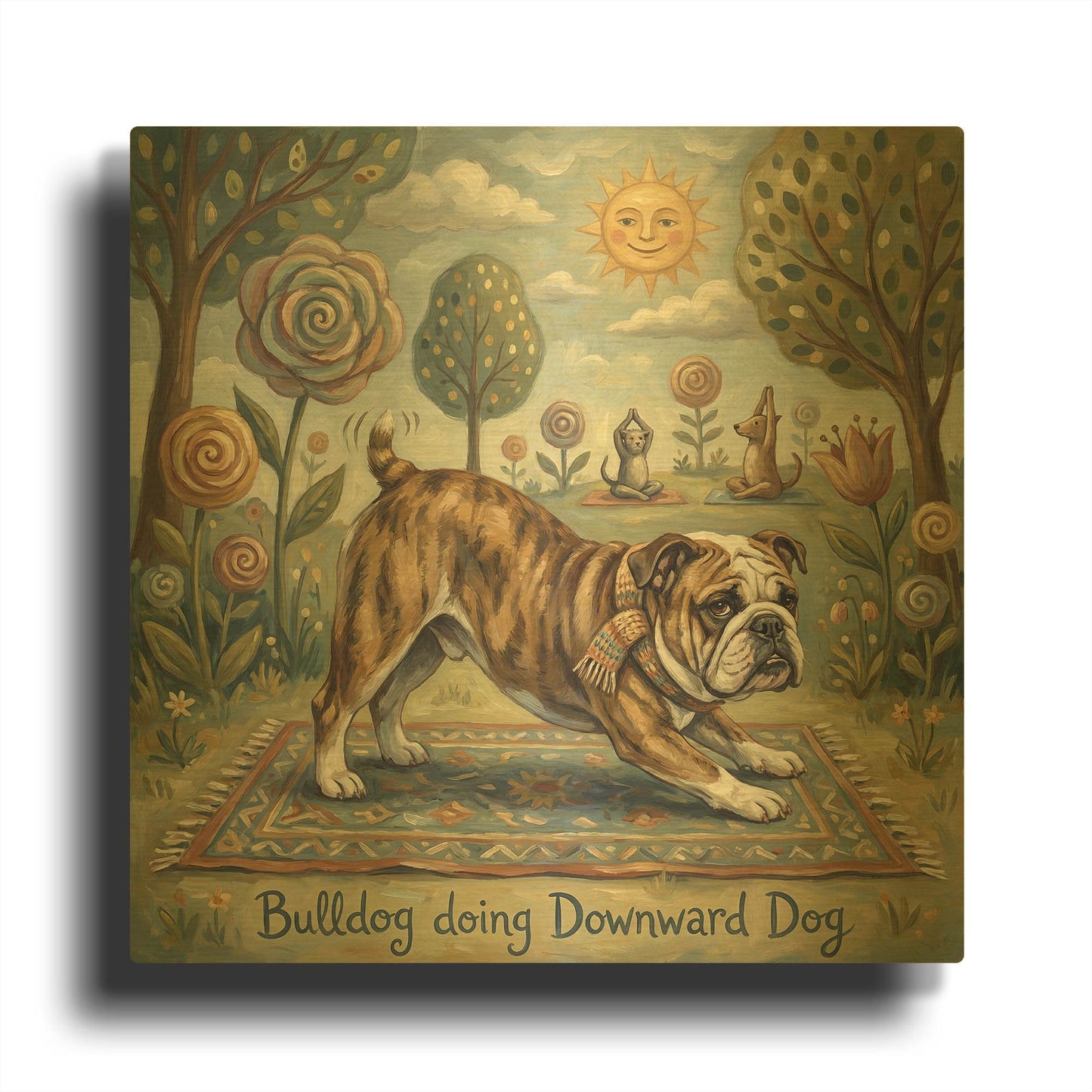 'Bulldog Yoga Downward Dog' By Rich Monet Gold Metal Wall Art