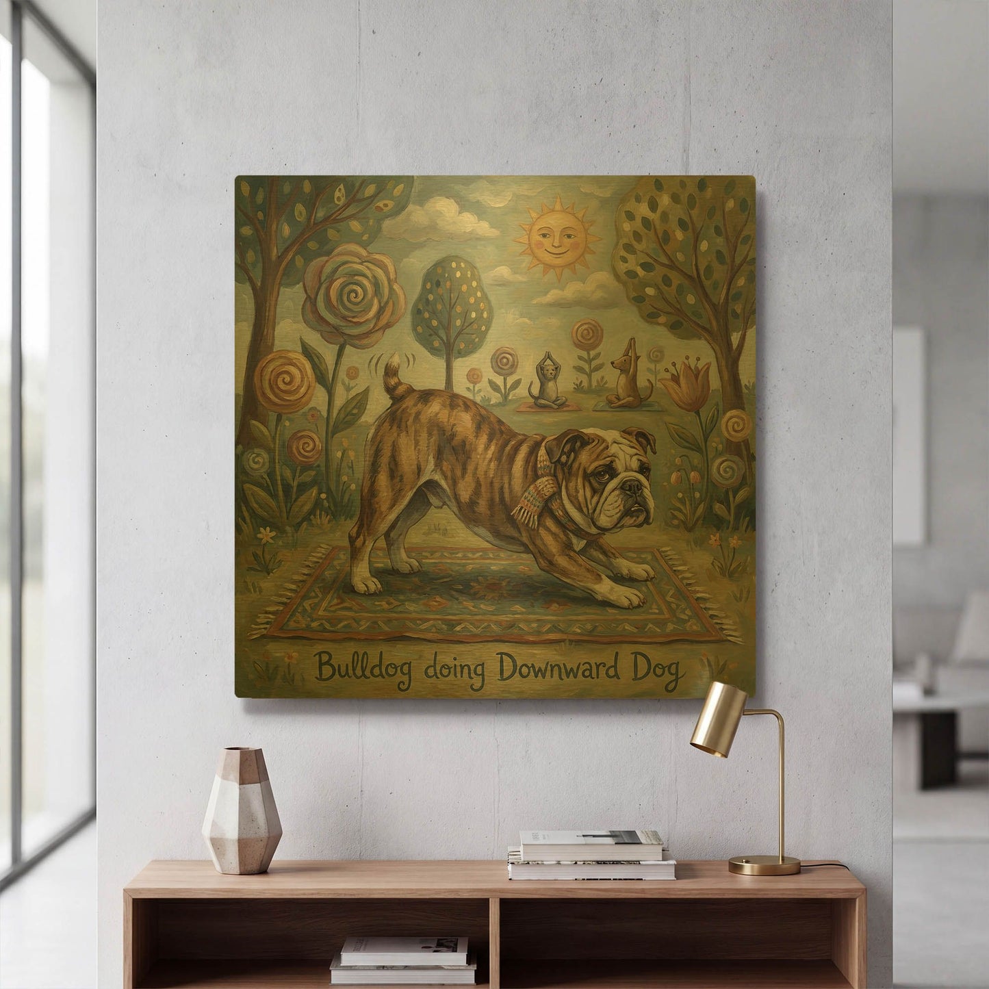 'Bulldog Yoga Downward Dog' By Rich Monet Gold Metal Wall Art