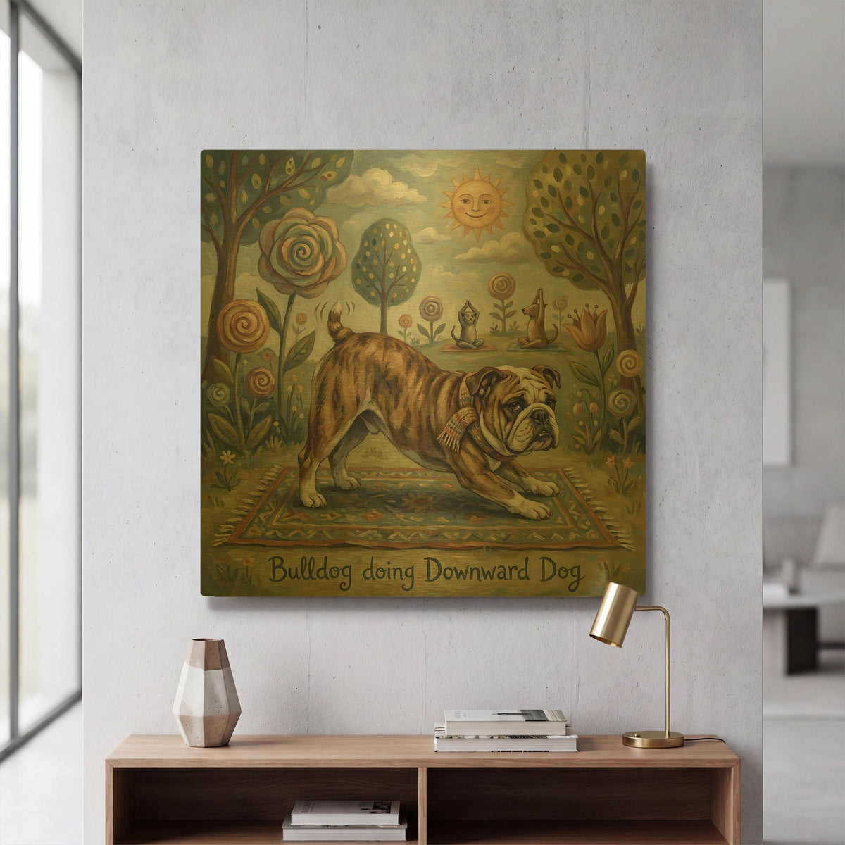 'Bulldog Yoga Downward Dog' By Rich Monet Gold Metal Wall Art