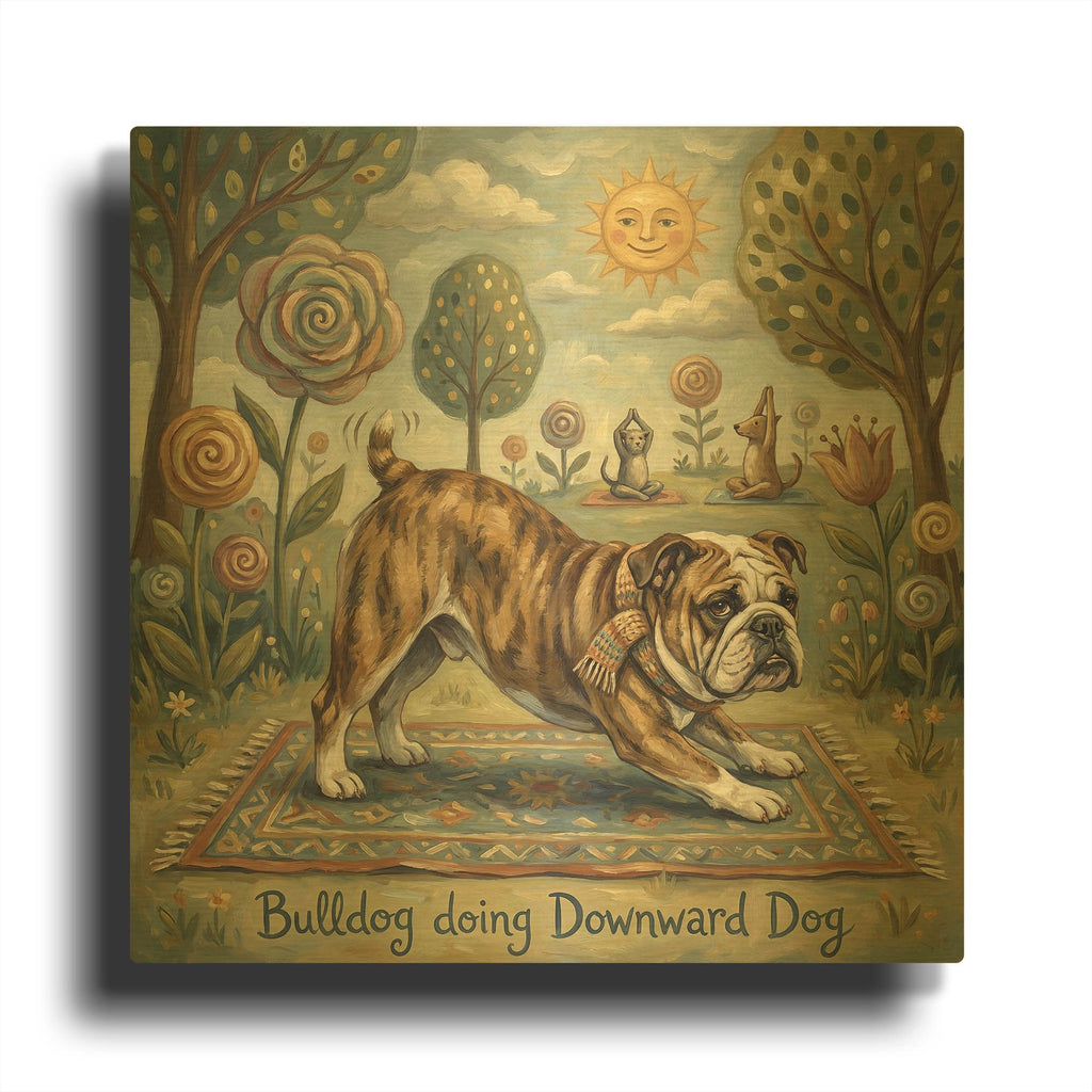 'Bulldog Yoga Downward Dog' By Rich Monet Gold Metal Wall Art