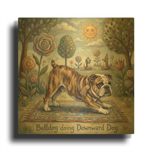 'Bulldog Yoga Downward Dog' By Rich Monet Gold Metal Wall Art