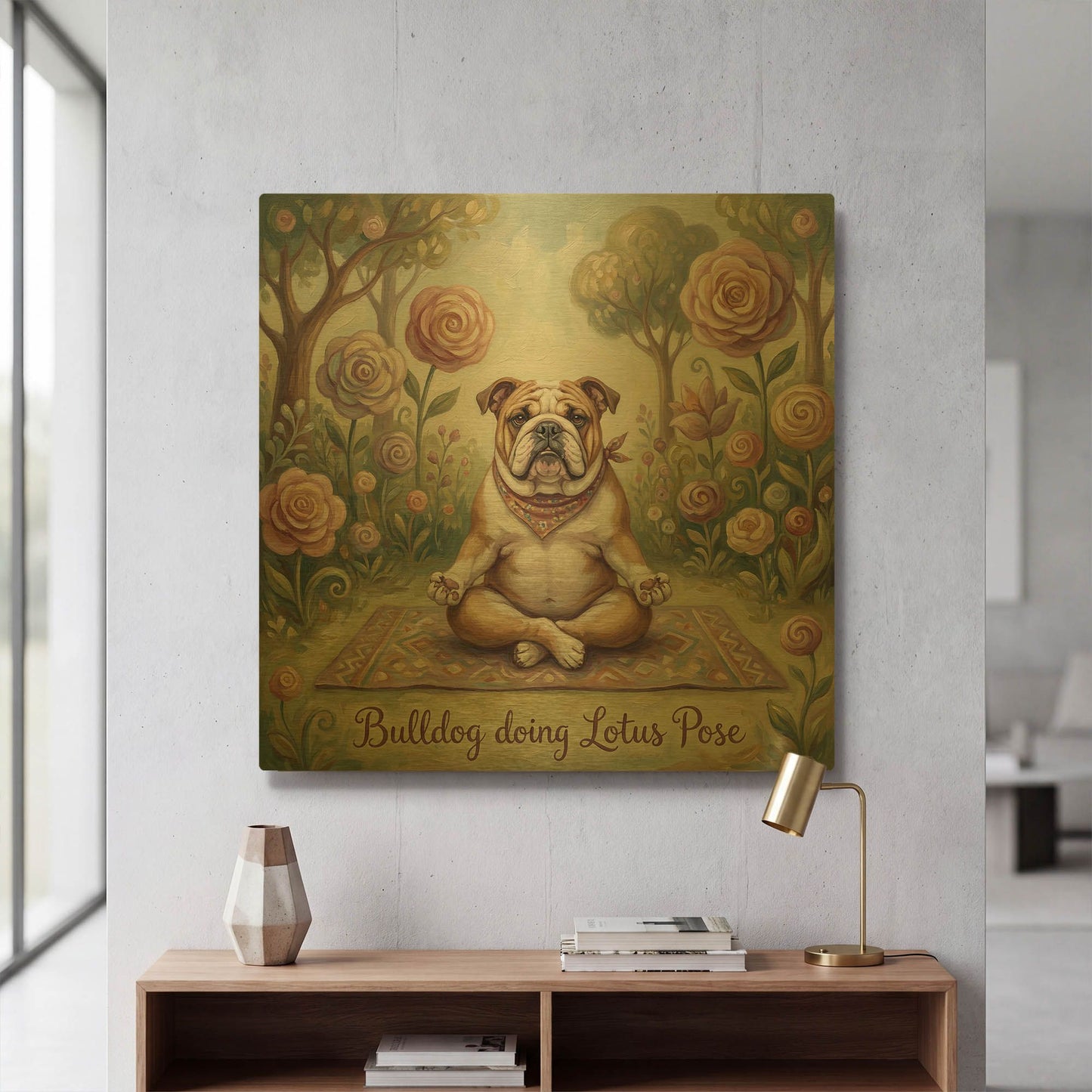 'Bulldog Yoga Lotu Pose' By Rich Monet Gold Metal Wall Art