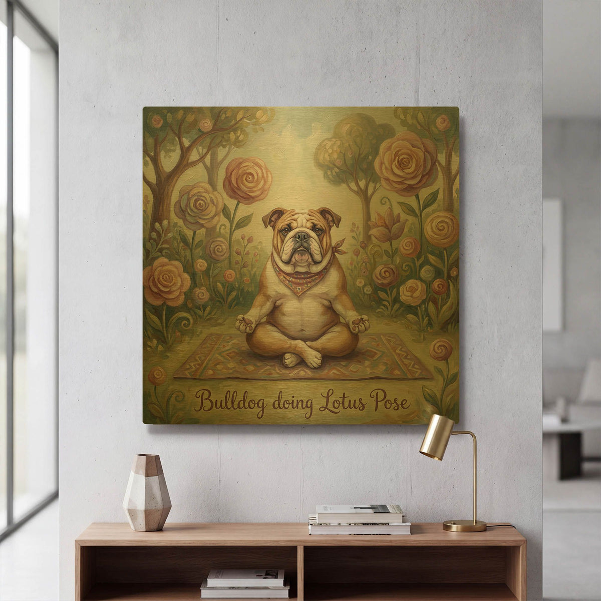 'Bulldog Yoga Lotu Pose' By Rich Monet Gold Metal Wall Art