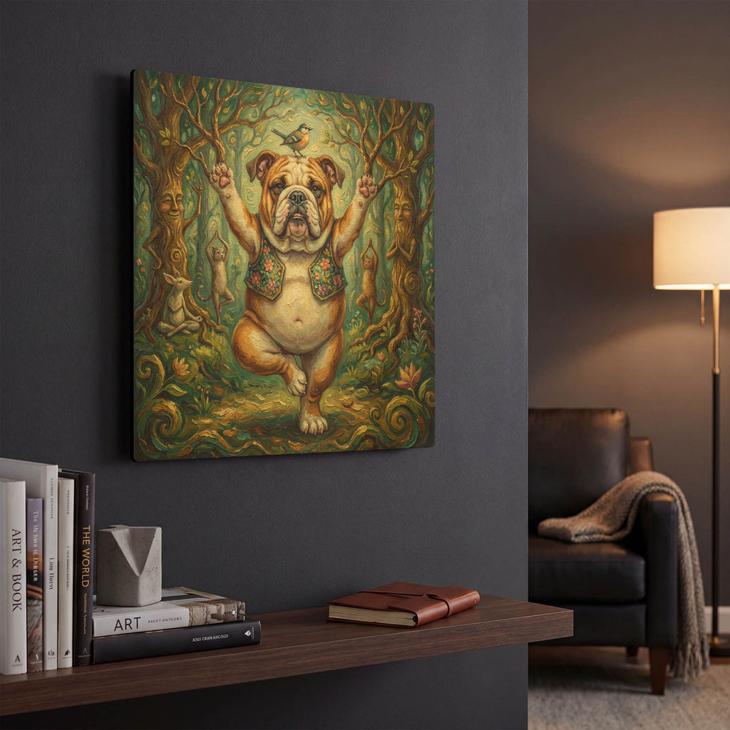 'Bulldog Yoga Tree Pose' By Rich Monet Gold Metal Wall Art