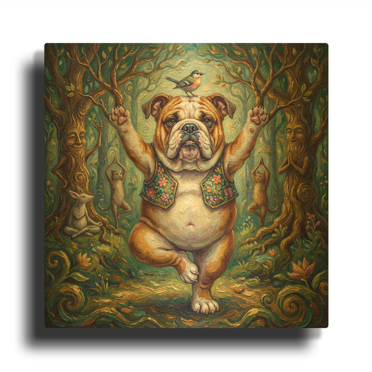 'Bulldog Yoga Tree Pose' By Rich Monet Gold Metal Wall Art