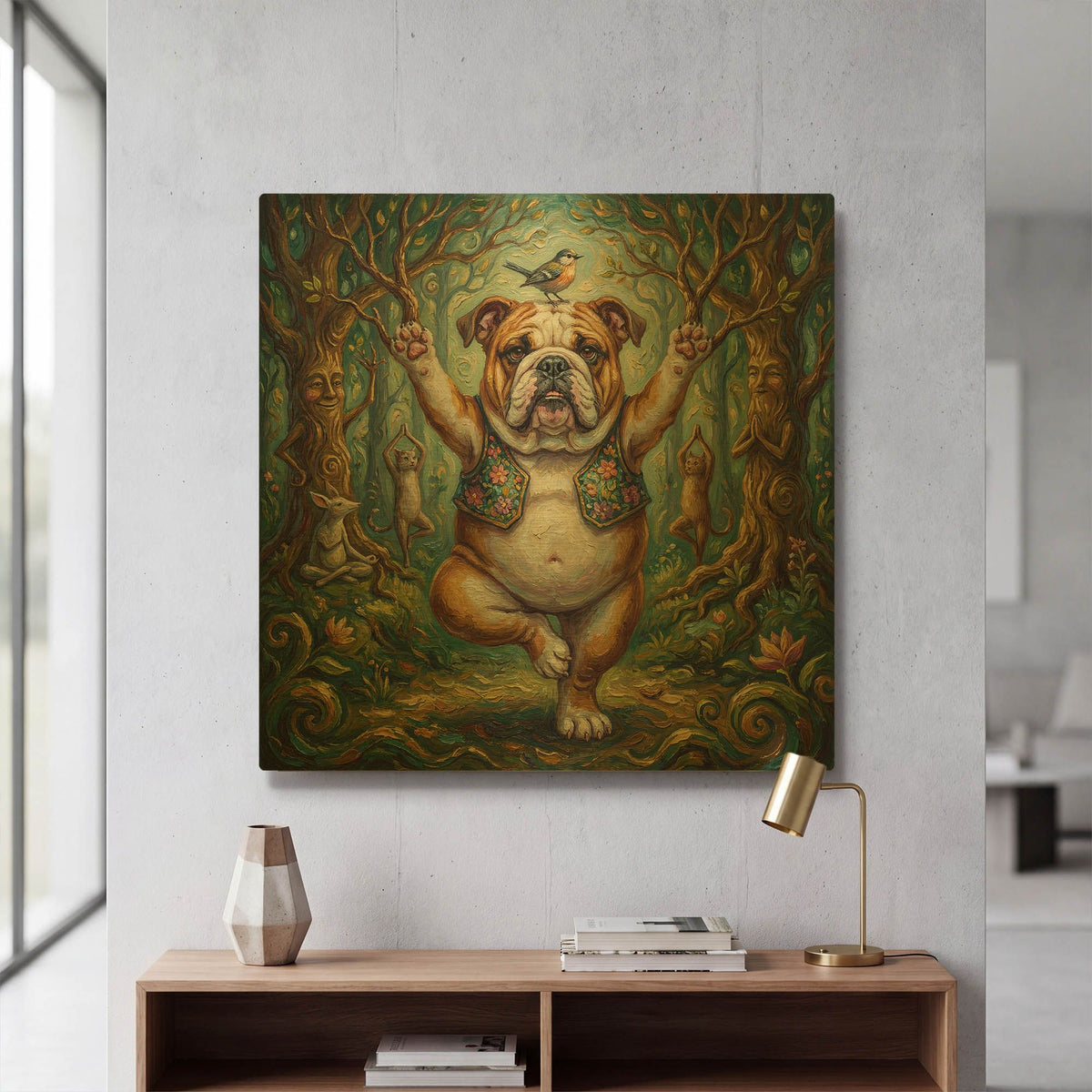 'Bulldog Yoga Tree Pose' By Rich Monet Gold Metal Wall Art