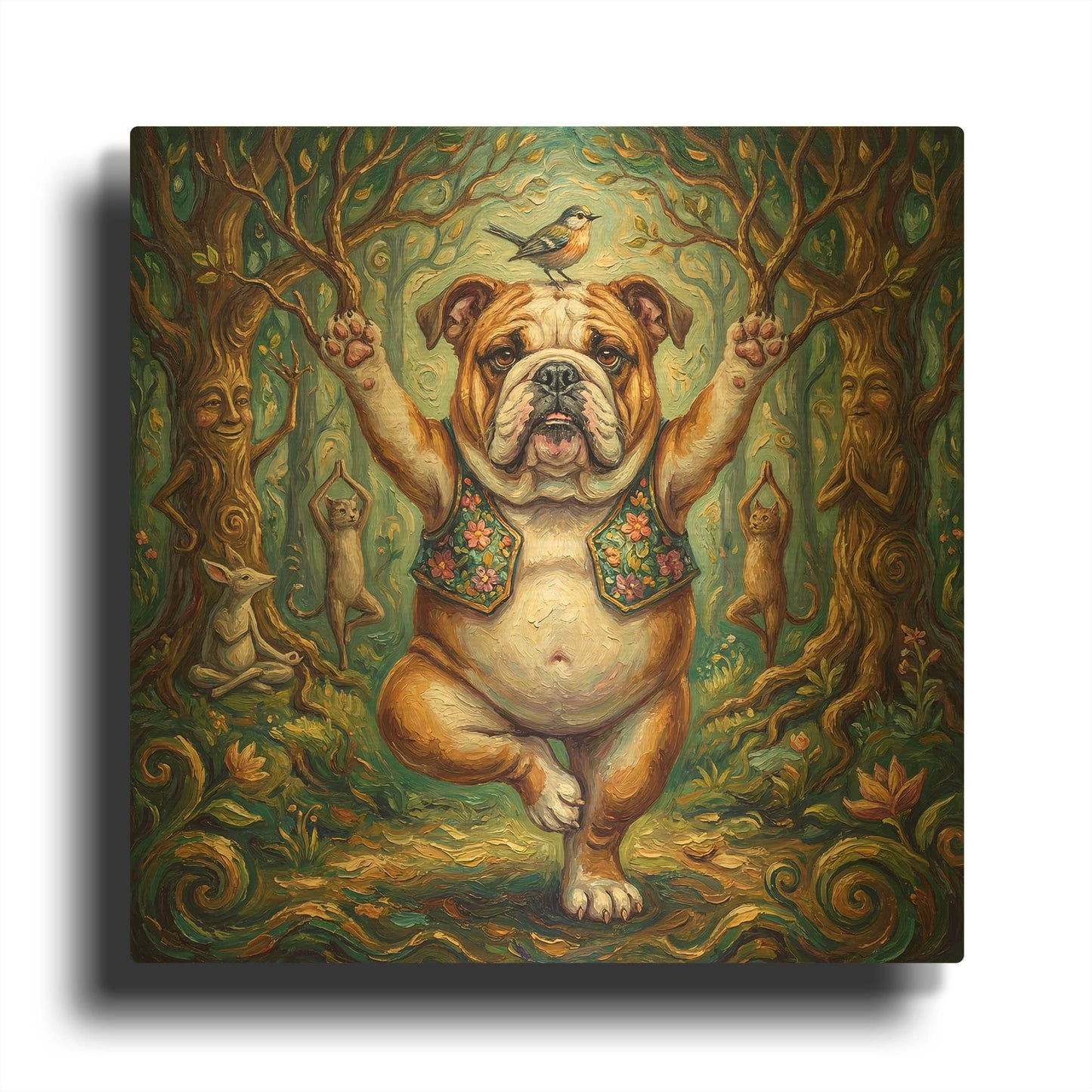 'Bulldog Yoga Tree Pose' By Rich Monet Gold Metal Wall Art