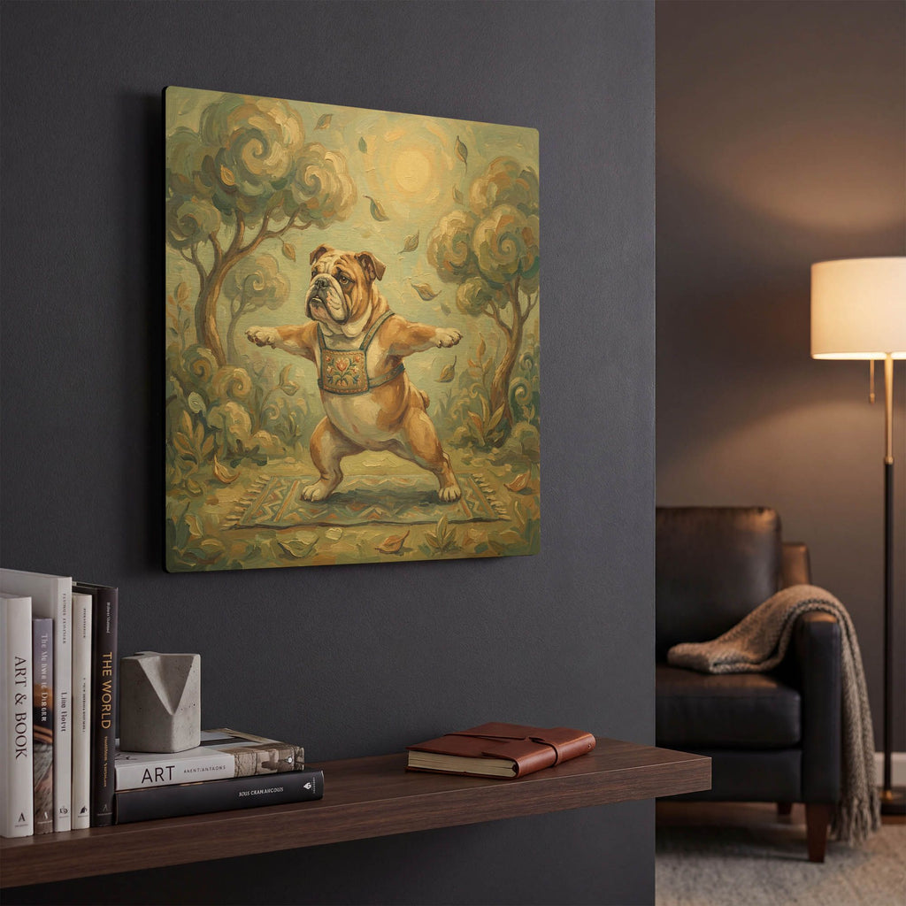 'Bulldog Yoga Warrior Pose' By Rich Monet Gold Metal Wall Art