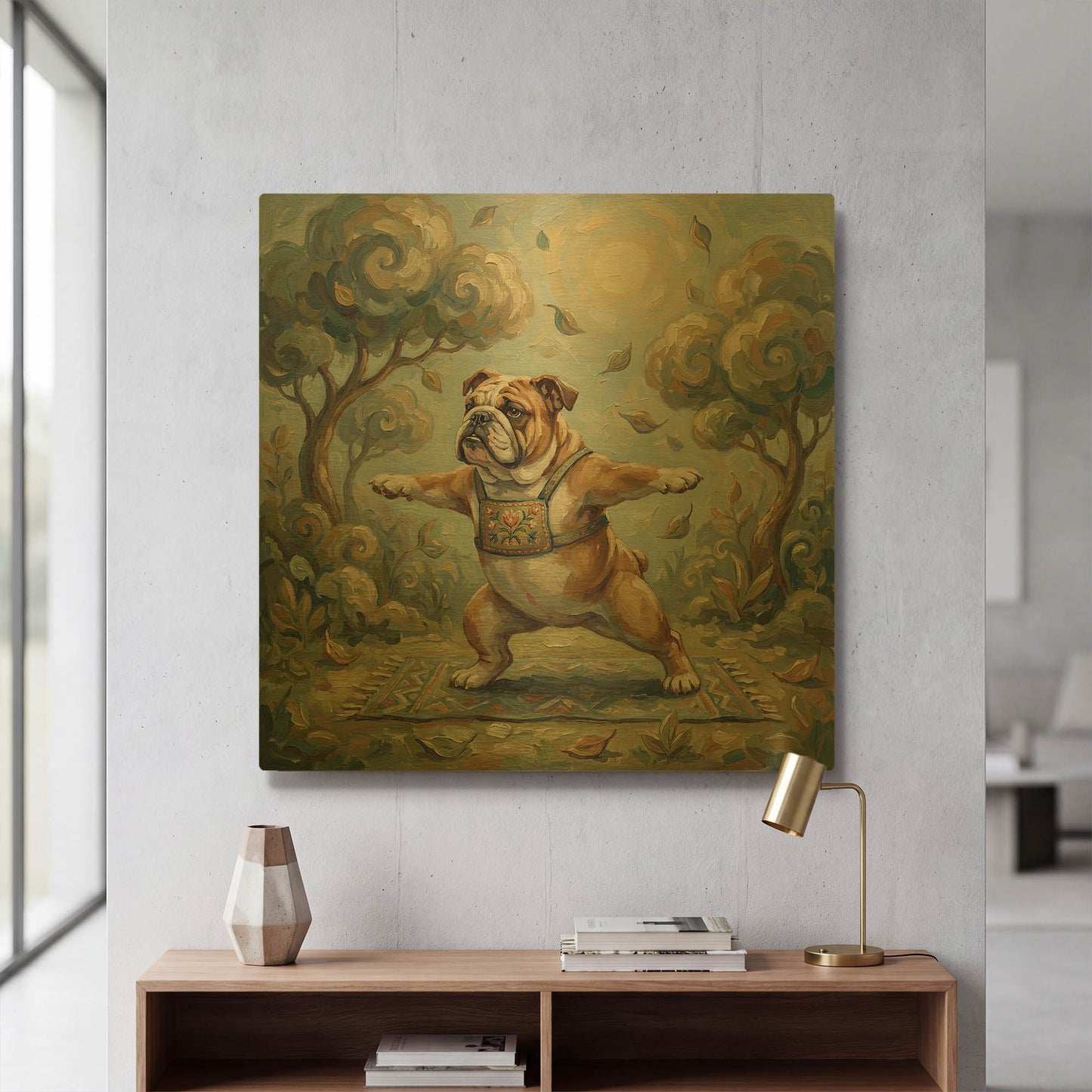 'Bulldog Yoga Warrior Pose' By Rich Monet Gold Metal Wall Art