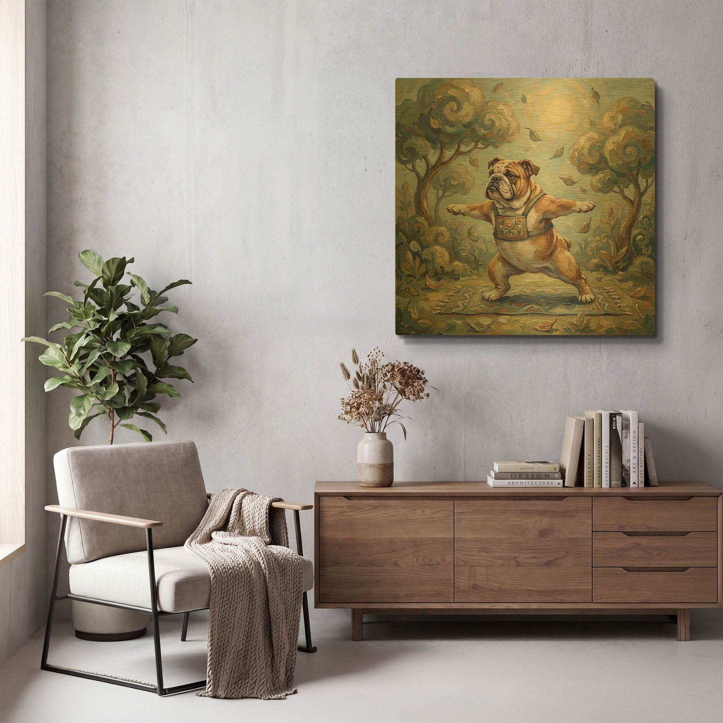 'Bulldog Yoga Warrior Pose' By Rich Monet Gold Metal Wall Art