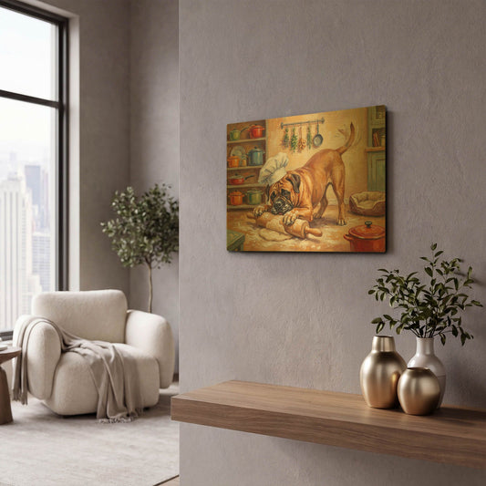 'Bullmastiff In The Kitchen' By Rich Monet Gold Metal Wall Art